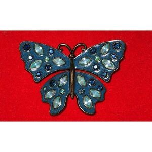 Avon by Nina Ricci Brass Enamel Rhinestone Butterfly Brooch 2" x 1.5"